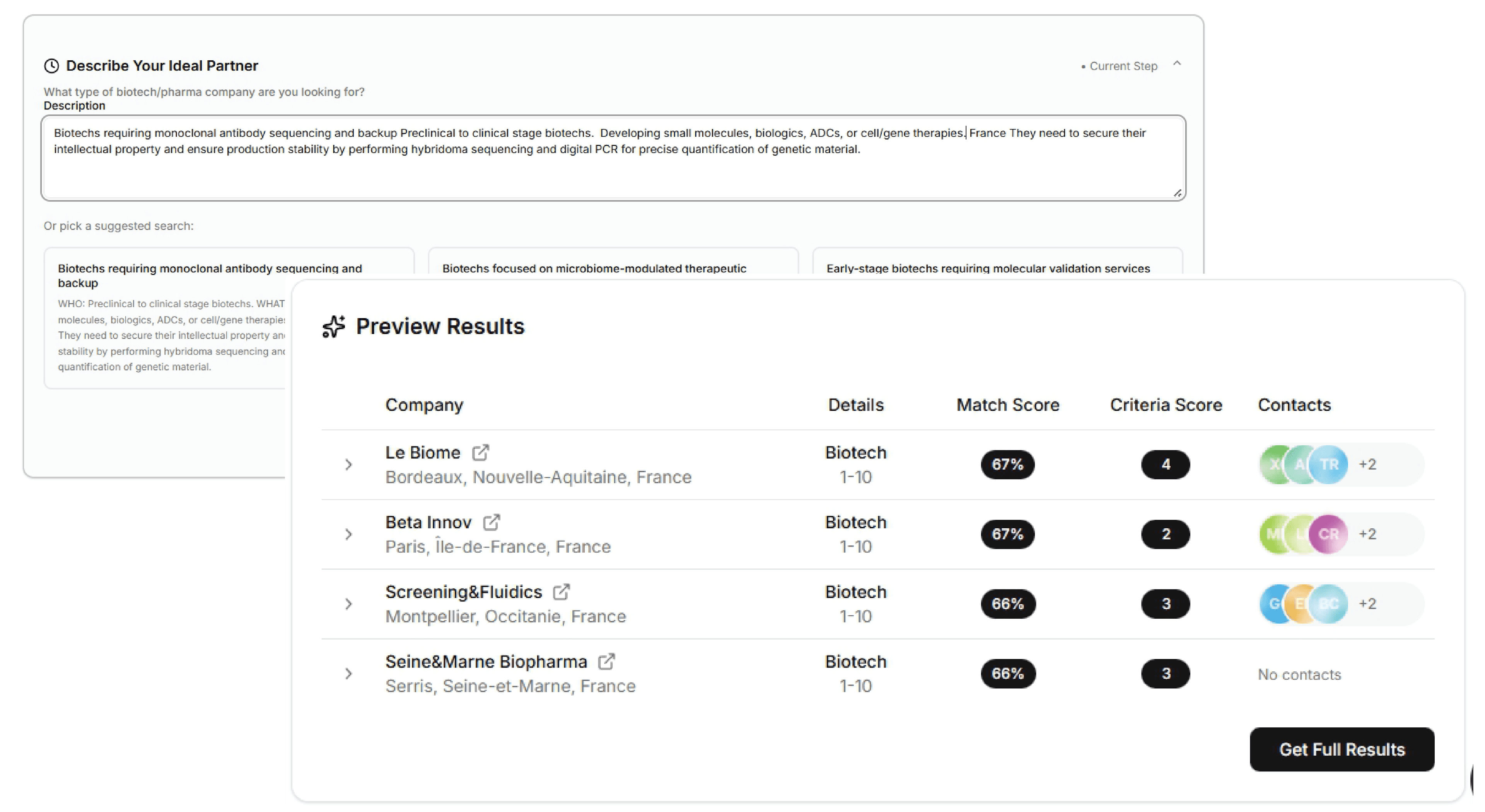 Autopilot preview results showing biotech company matches with scores and contacts